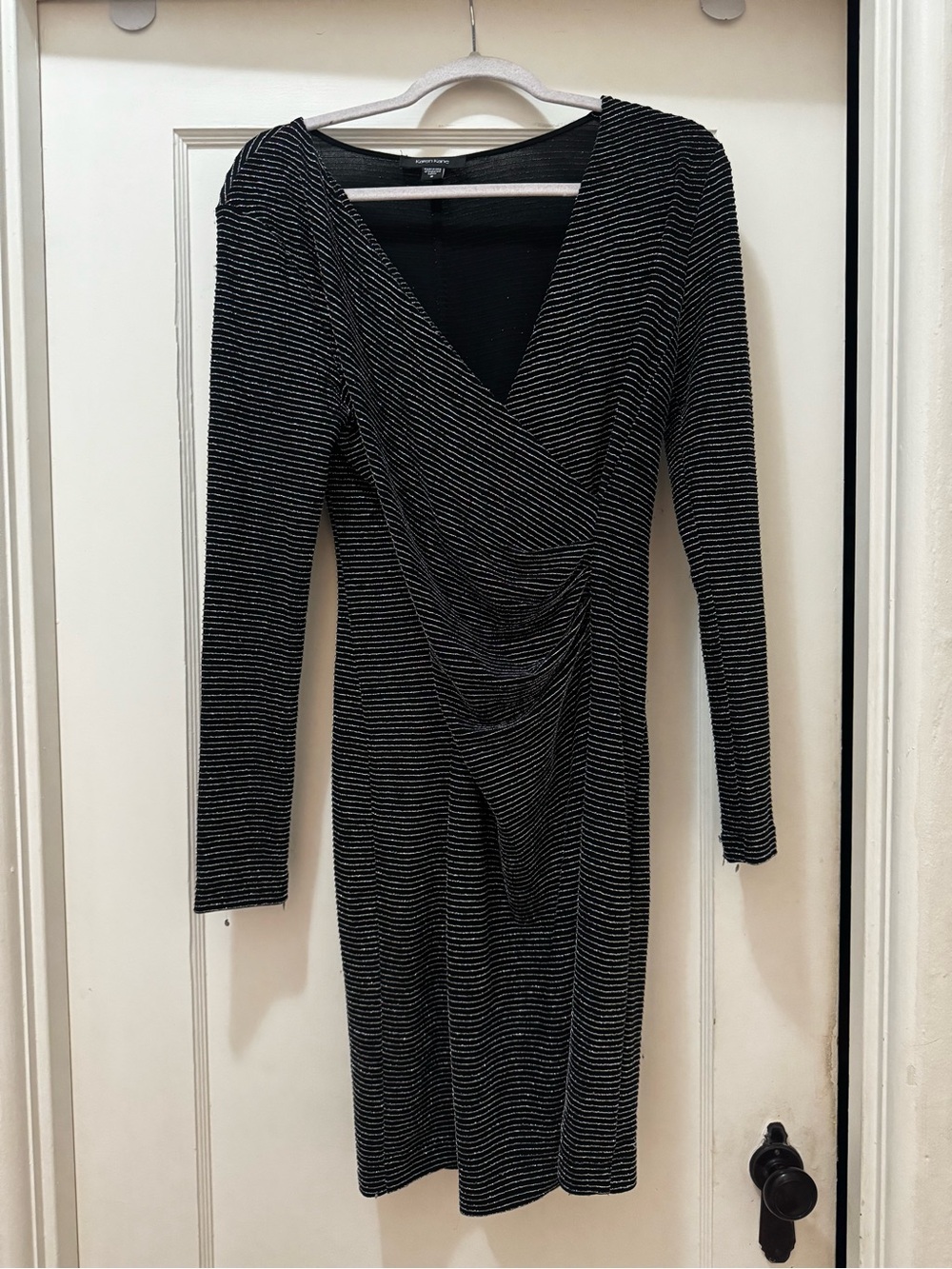 Karen Kane Black Dress with Silver Stripes — Long Sleeve Wrap Style